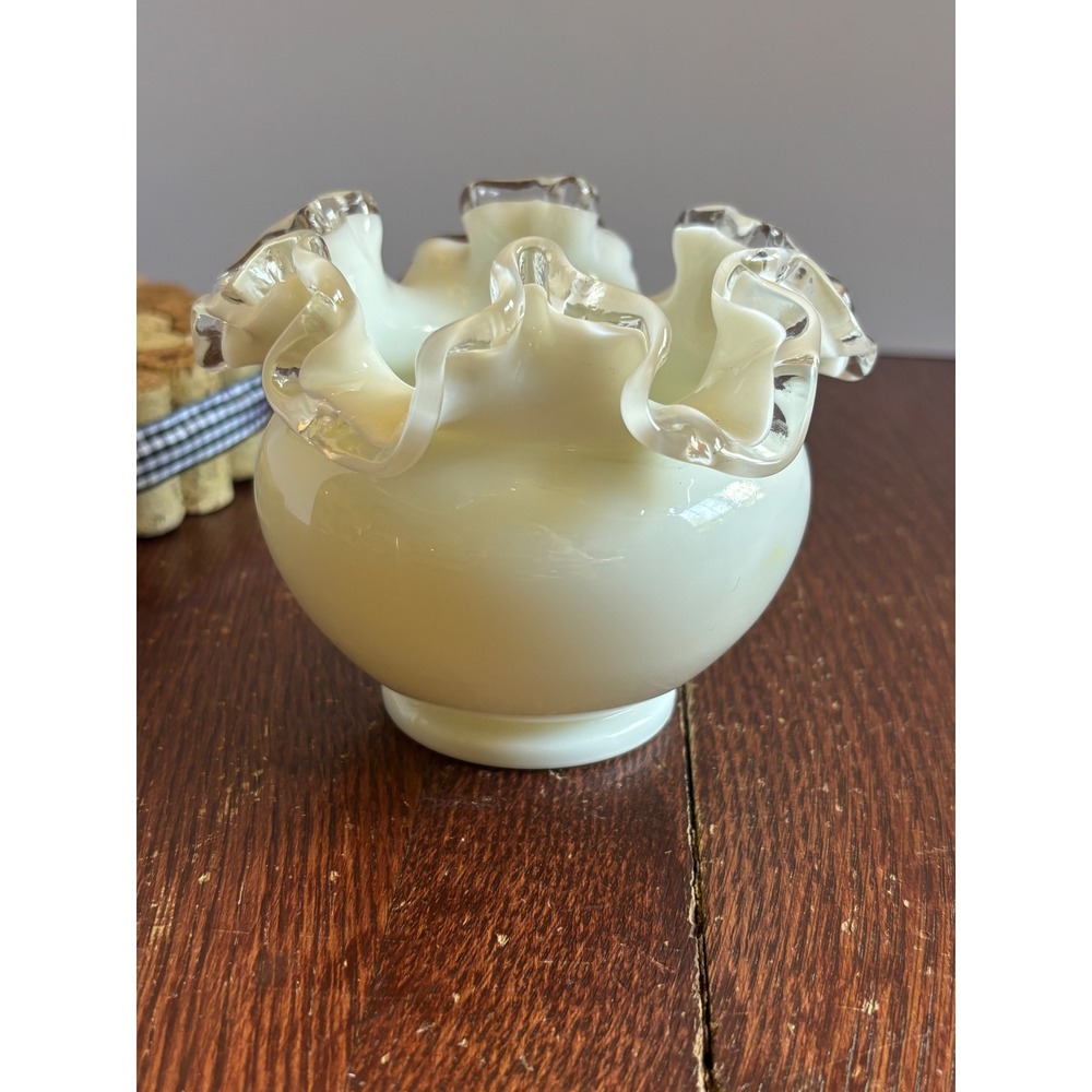 Fenton Custard Glass Rose Bowl Ruffled Rim Clear Crest Edge Vintage Art Glass